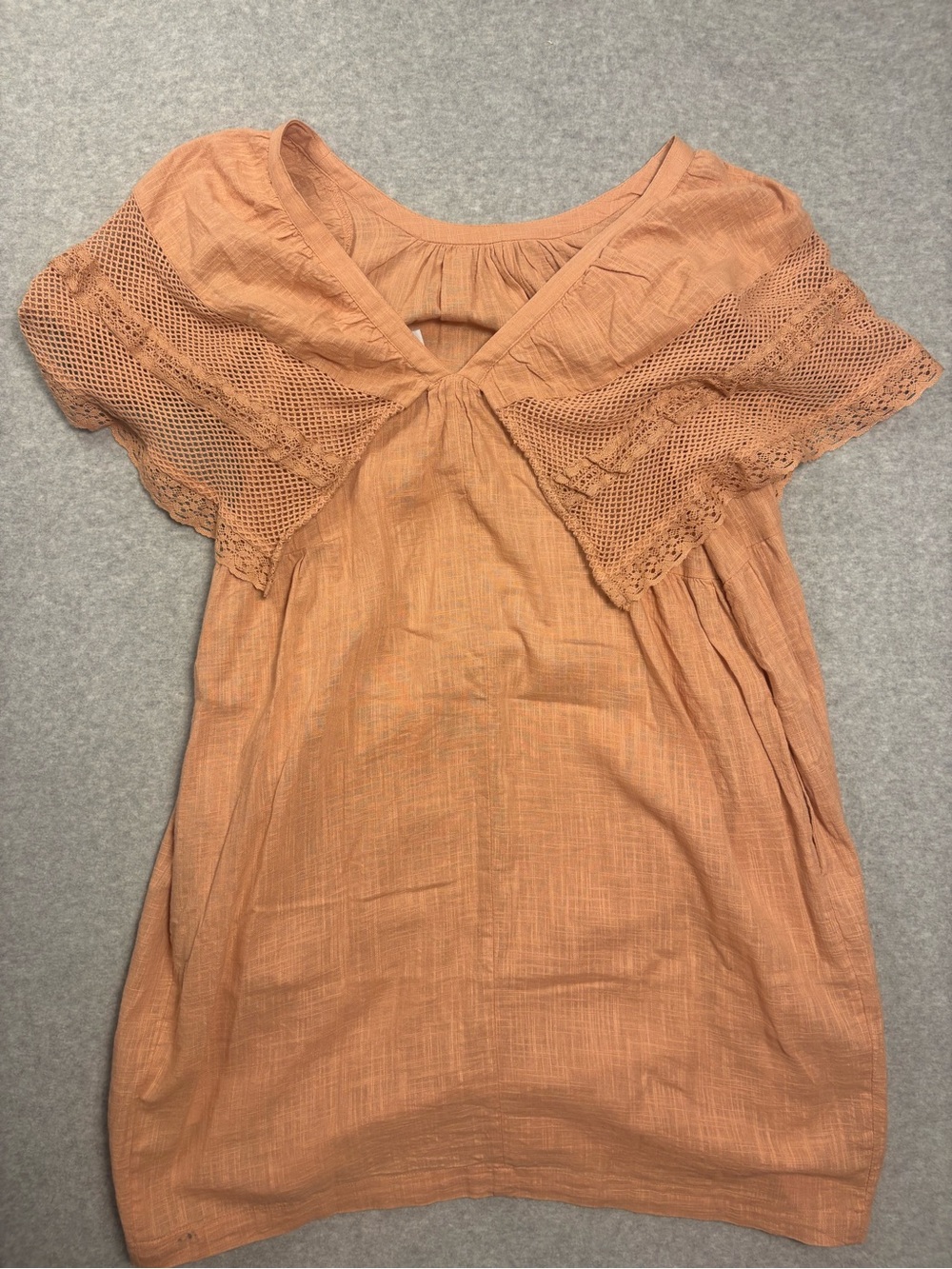 Peach / Coral Short-Sleeve Mini Dress with Lace Detail - Picture 7 of 8